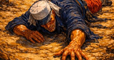 Two horses, dead in the sand.